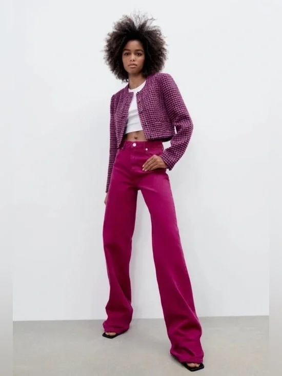 NWT ZARA Pink Houndstooth Cropped Fitted Tweed Jacket/ Blazer. Size M - Picture 5 of 14